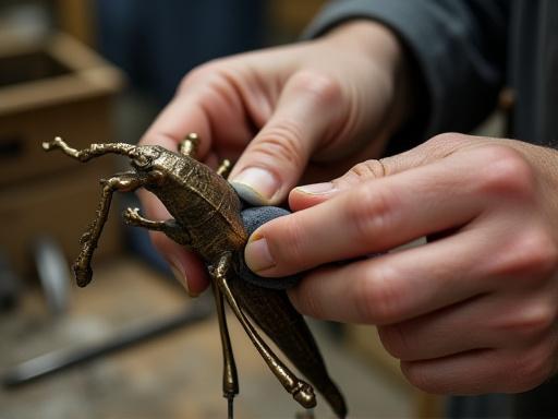 Mani di un artigiano che lucidano con cura un dettaglio di una scultura in bronzo.