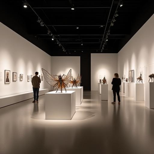 Un moderno allestimento museale con illuminazione studiata per evidenziare le sculture.