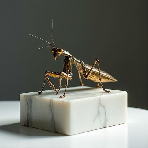 Una scultura di una mantide religiosa in bronzo su una base di marmo.